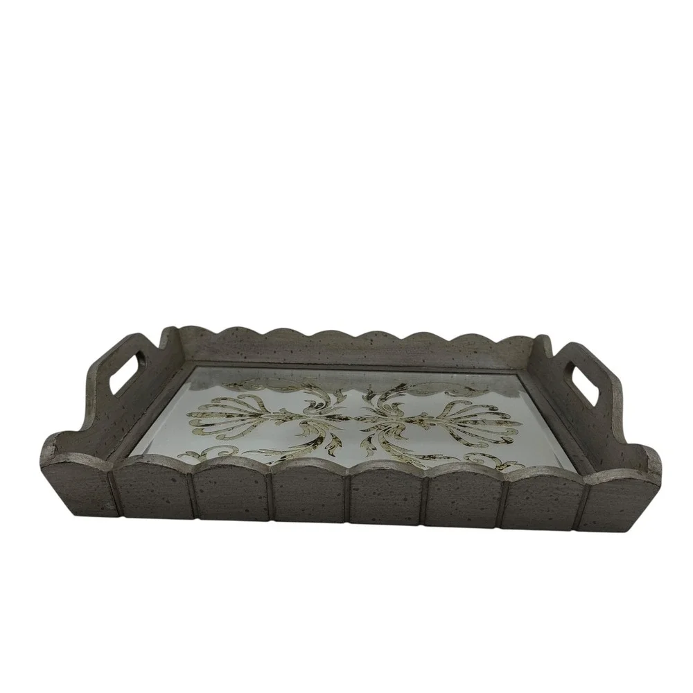 Decorative Mirrored Serving Tray Gray Wood Gold Scroll‎ Accent Handles